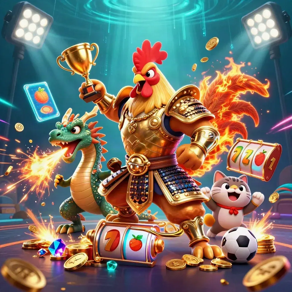 Neon rooster warrior, spark-breathing dragon hatchling, and fortune-cat amid casino loot and blue water rays.
