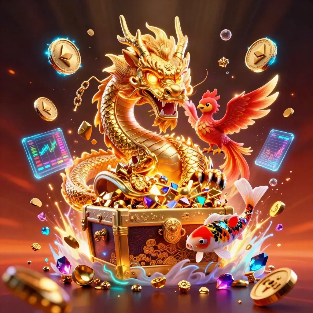 Golden dragon with phoenix and koi amid neon casino treasure, coins, lightning, and glowing embers