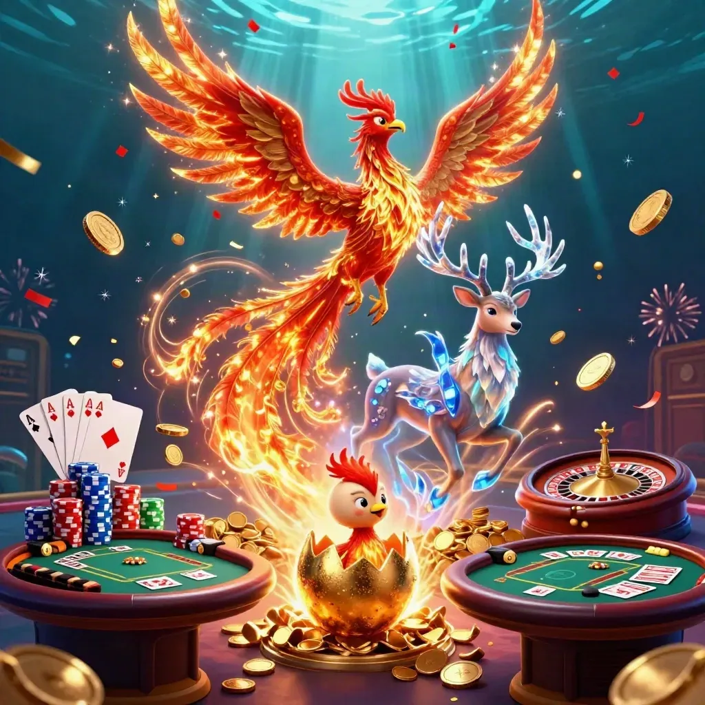 Phoenix, stag and baby phoenix amid casino chips, coins and fireworks in blue-gold glow
