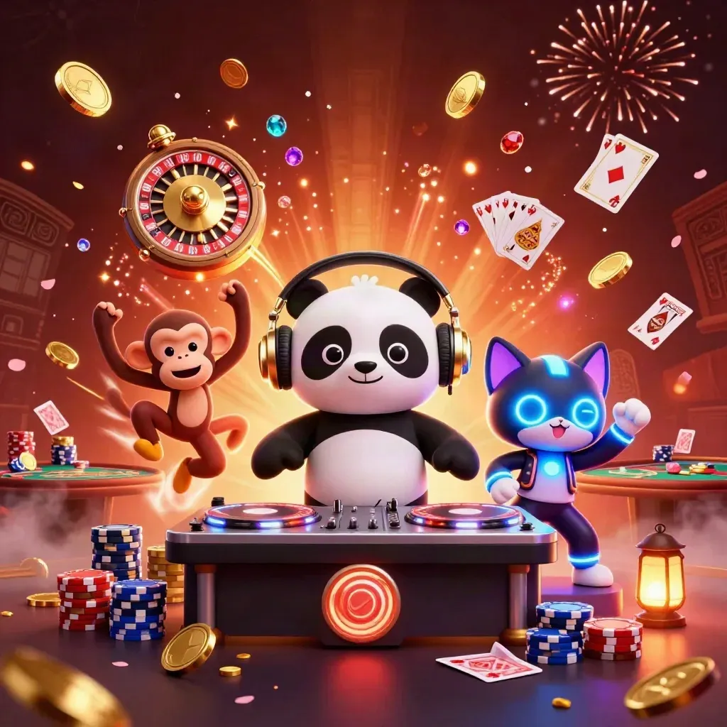DJ panda, monkey, and kitten celebrate amid coins, chips, cards, fireworks, and glowing casino magic.