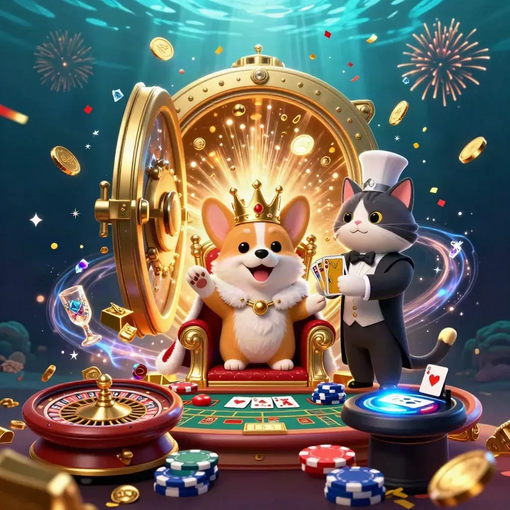 Royal corgi and cat butler amid vault coins, fireworks, chips, and casino treasures.