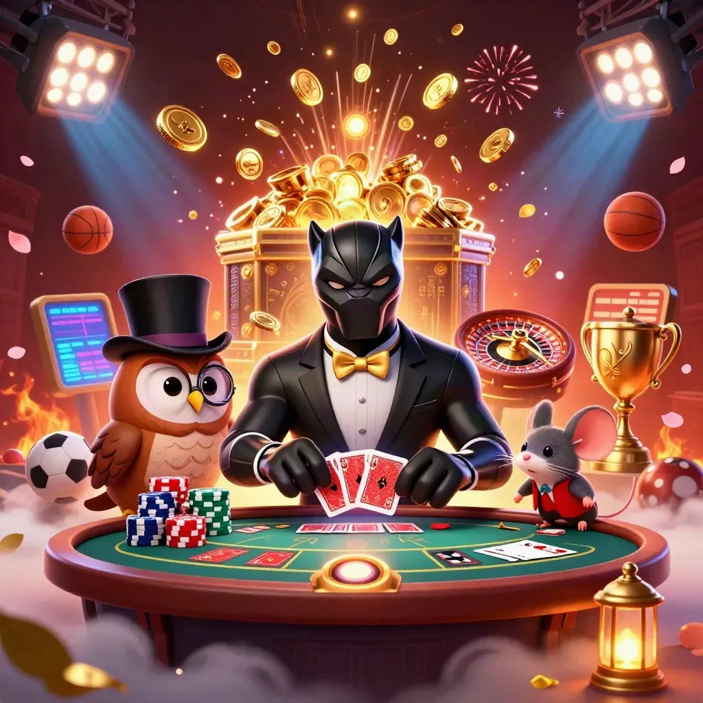 Black panther, owl, and mouse amid exploding coins, sports balls, and casino flair
