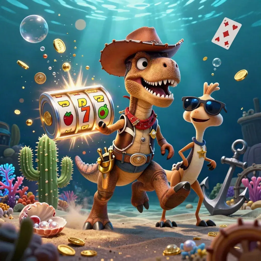 Cowboy T-Rex, cactus sidekick, and roadrunner in a neon underwater treasure-casino scene.