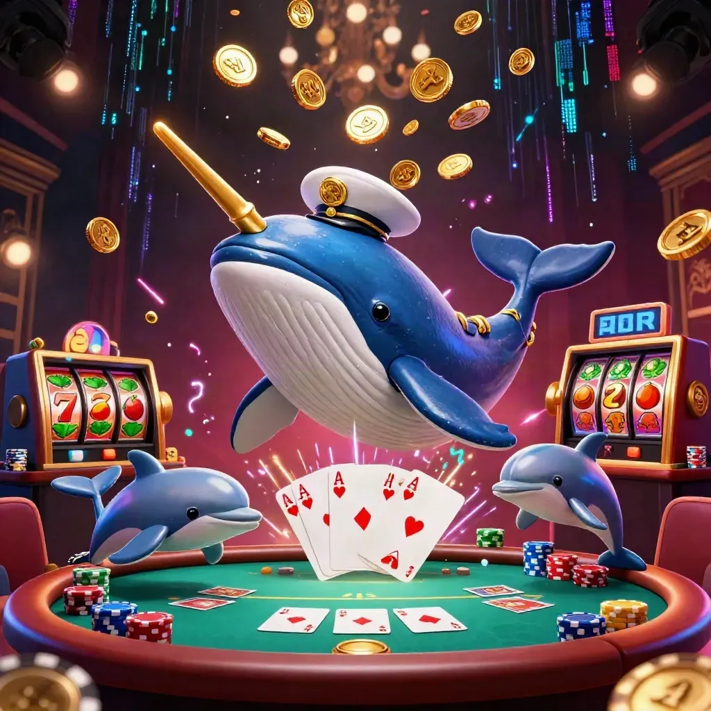 Captain whale, narwhal, and chip-trick dolphins amid coins, cards, reels, and neon casino energy.