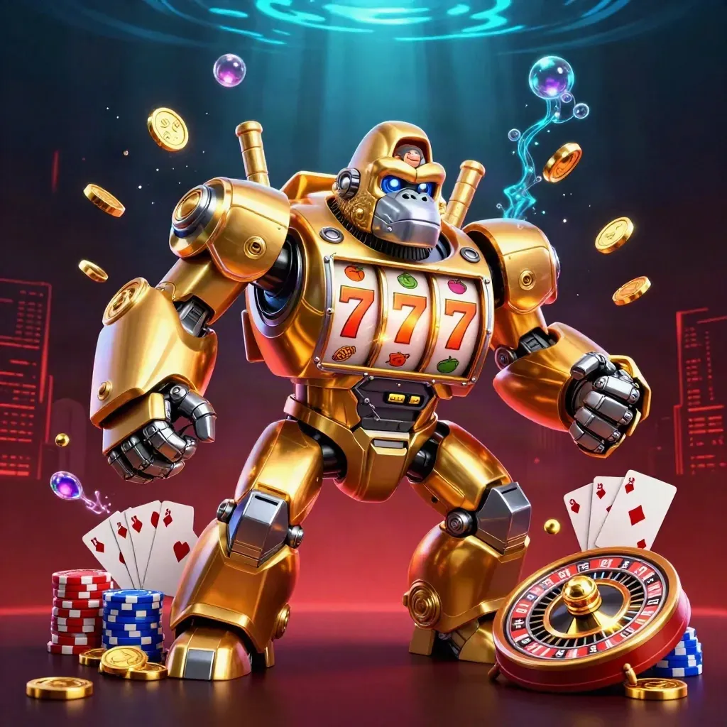Golden gorilla slot-mech with monkey pilot, coins, roulette wheel, chips and neon casino glow.