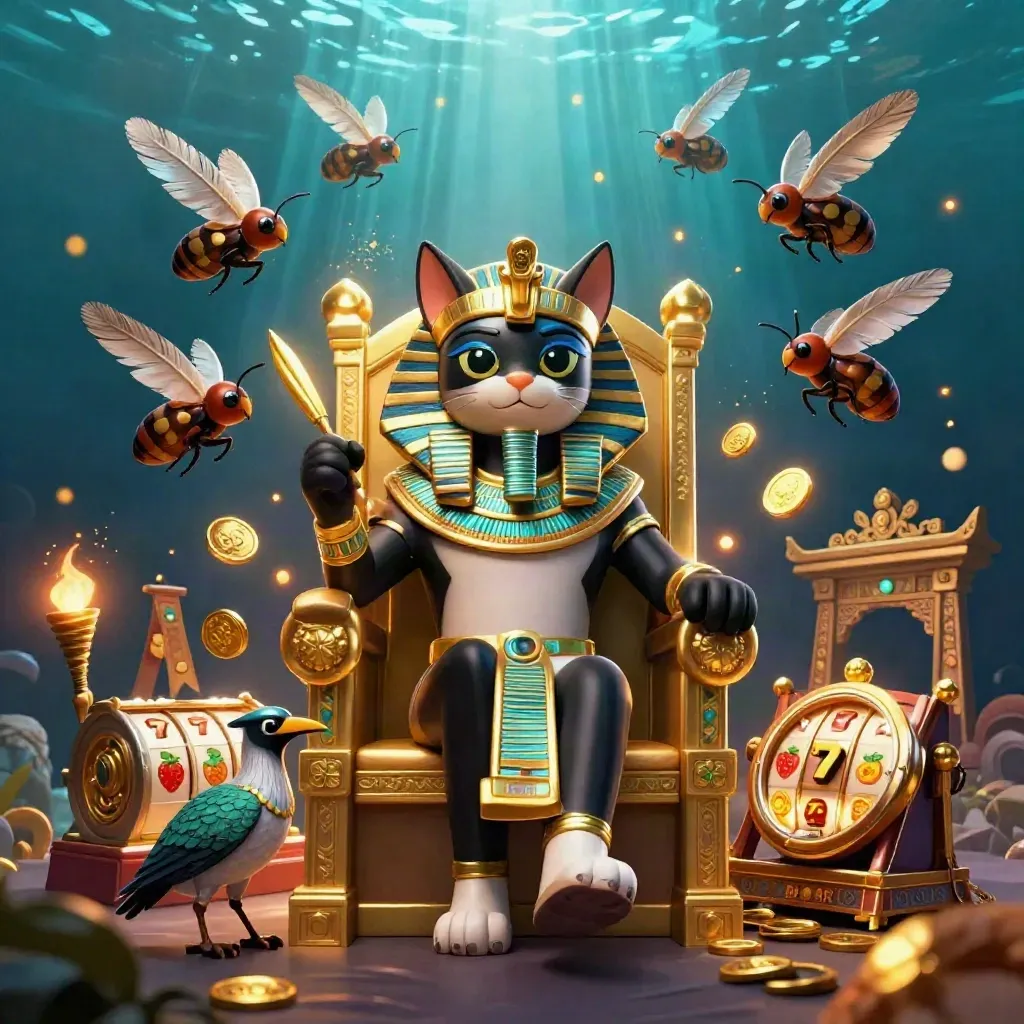 Pharaoh cat on a throne with ibis scribe, scarabs, coins, reels, and glowing casino effects.