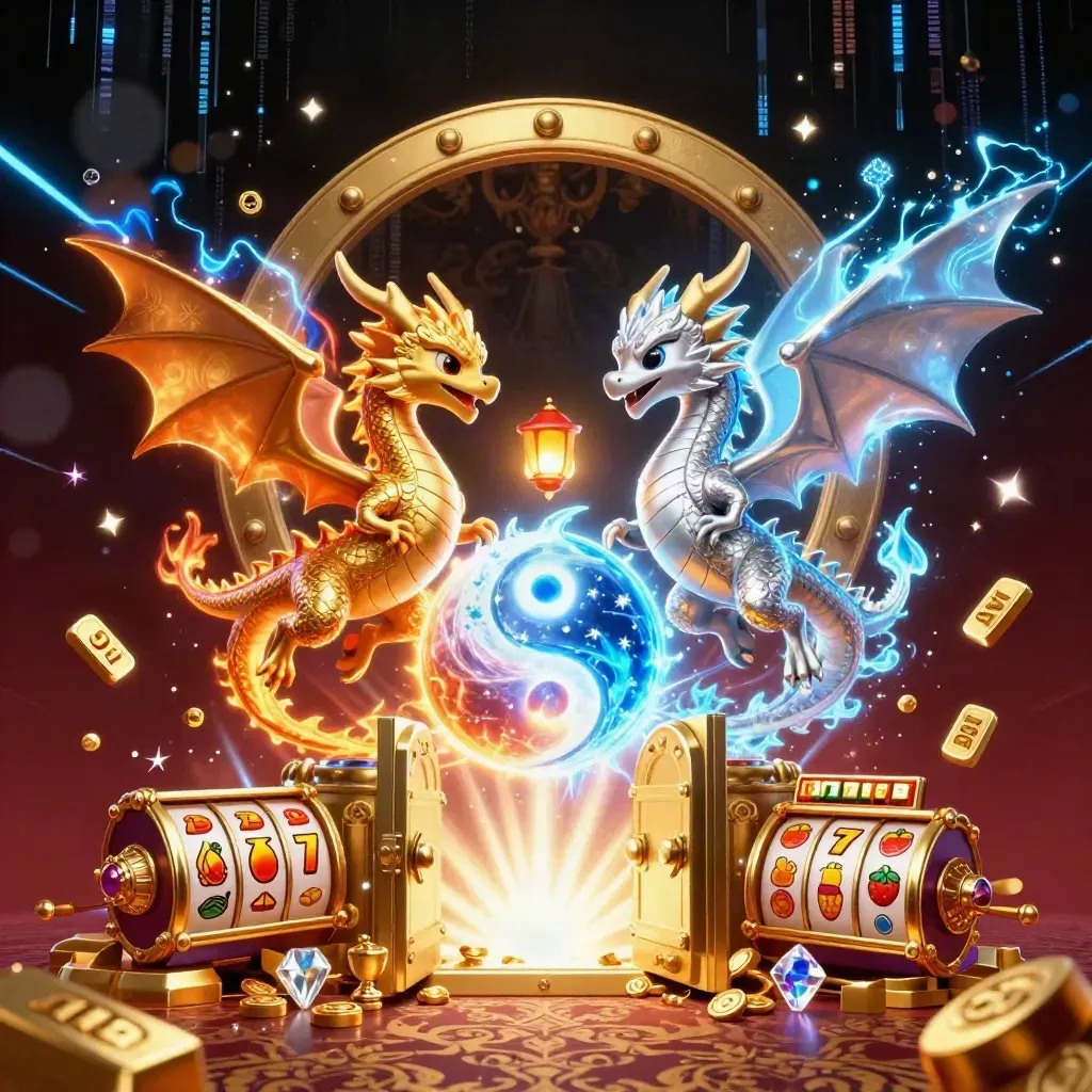 Gold and silver dragons spiral around a glowing vault with casino treasures and neon energy.