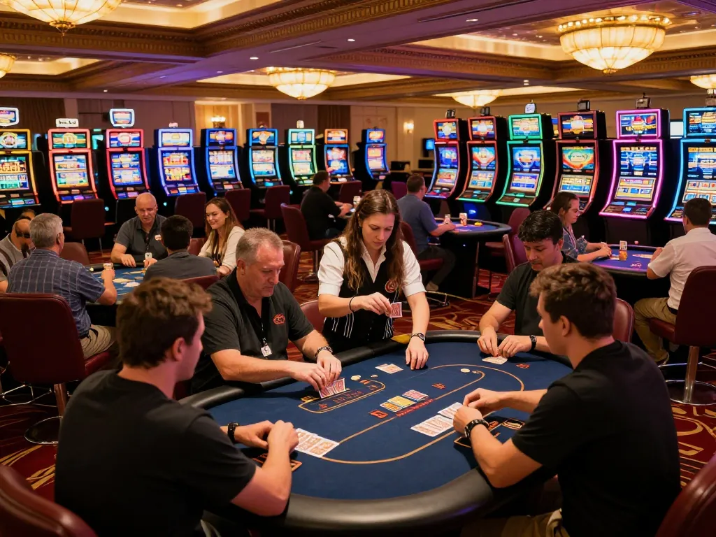 Players enjoying dynamic gameplay at O8 casino featuring engaged poker tables and vibrant slot machines
