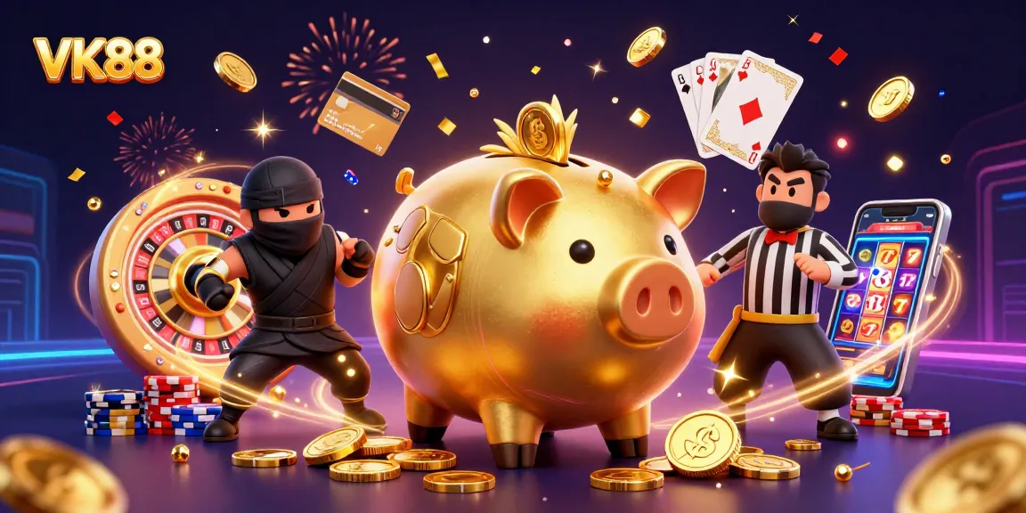 Experience the excitement of VK88 with a winning scene of a golden piggy bank wrestler amidst casino games and festive elements.