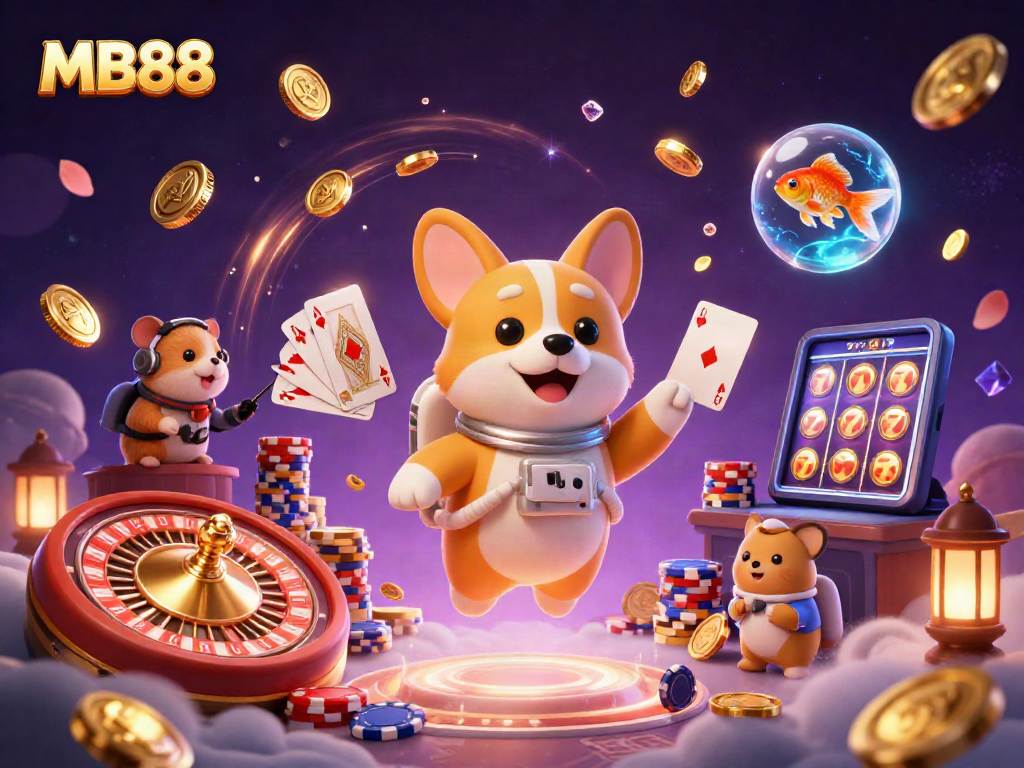Engage with MB88's vibrant casino adventure featuring a cartoon astronaut corgi and floating treasures.