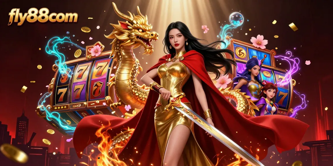 Experience thrilling wins with fly88com in this captivating casino-themed illustration featuring vibrant slot reels.