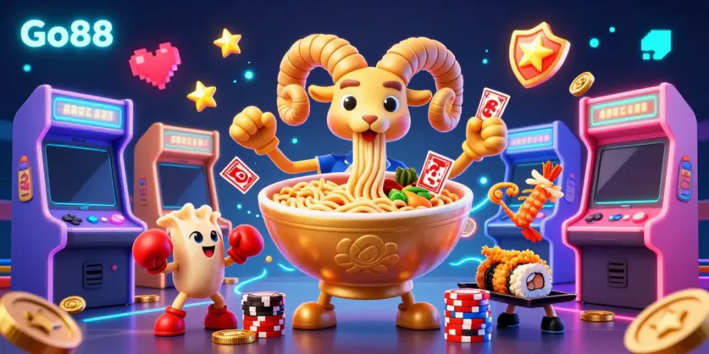 Engage with Go88's exciting world of gaming as a golden ramen bowl character deals cards in a vibrant casino.
