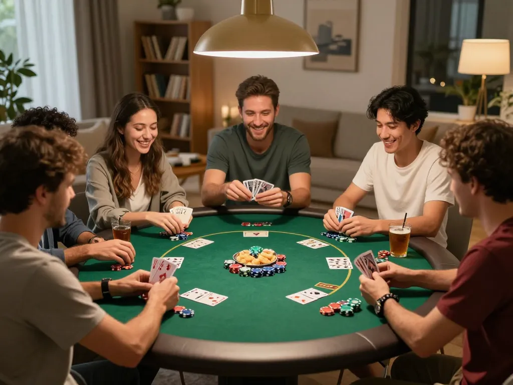 VK88 poker night players strategizing over cards and chips with cozy home atmosphere