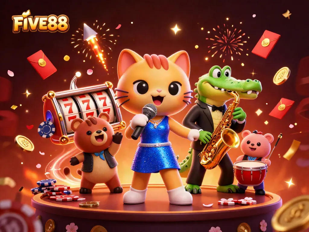 Spin the reels at FIVE88 Casino with our lively 3D characters and festive gaming atmosphere.