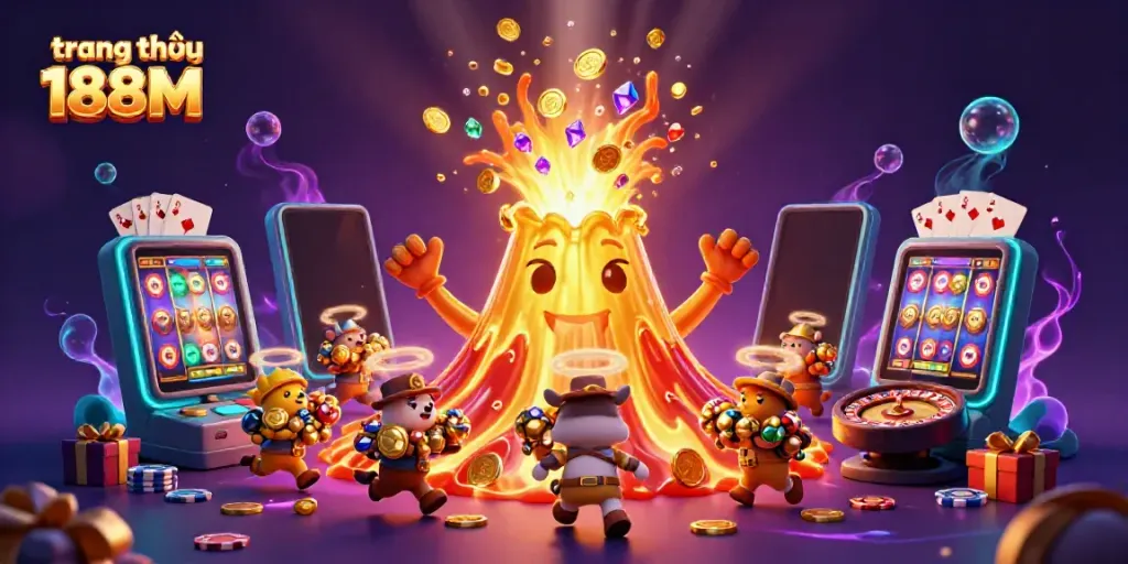 Engage with the vibrant world of trang chủ 188M, featuring a golden volcano erupting coins and a colorful slot game scene.