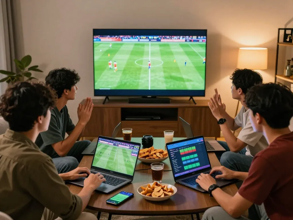 Cá độ bóng đá experience with friends watching a football match, engaging in lively betting discussions.