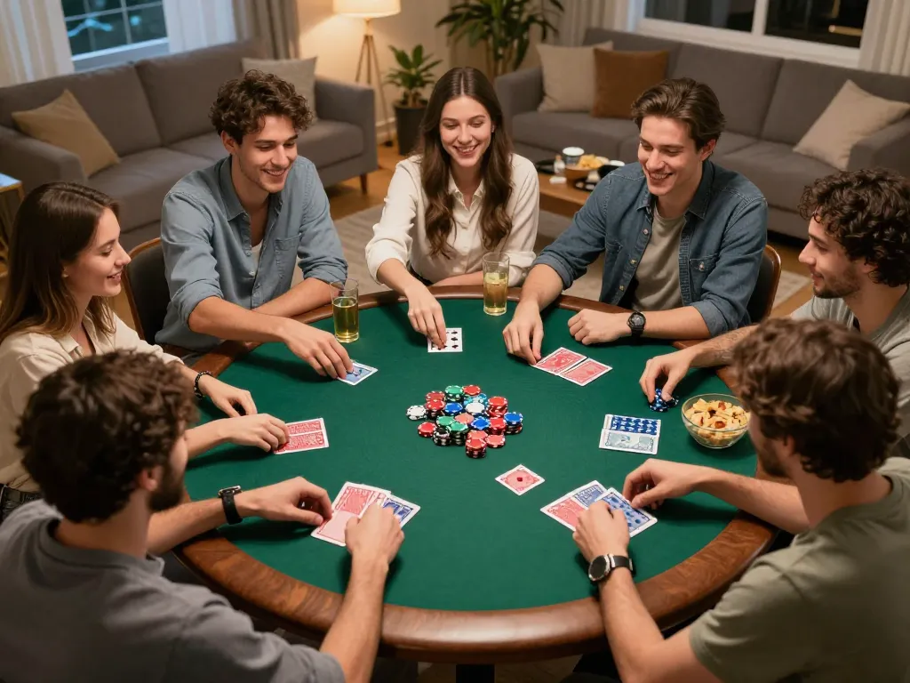 Friends enjoying a poker game at home with snacks and poker chips, showcasing 789 club camaraderie and fun.