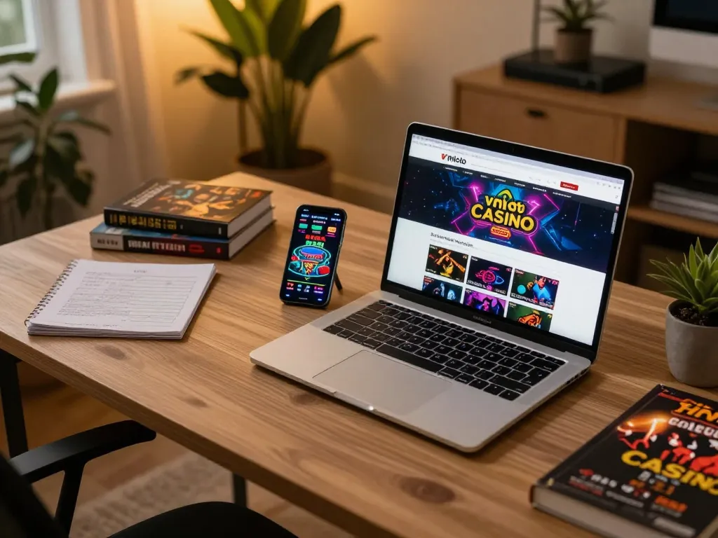 Player engaging with vnloto online casino on a laptop in a cozy home office