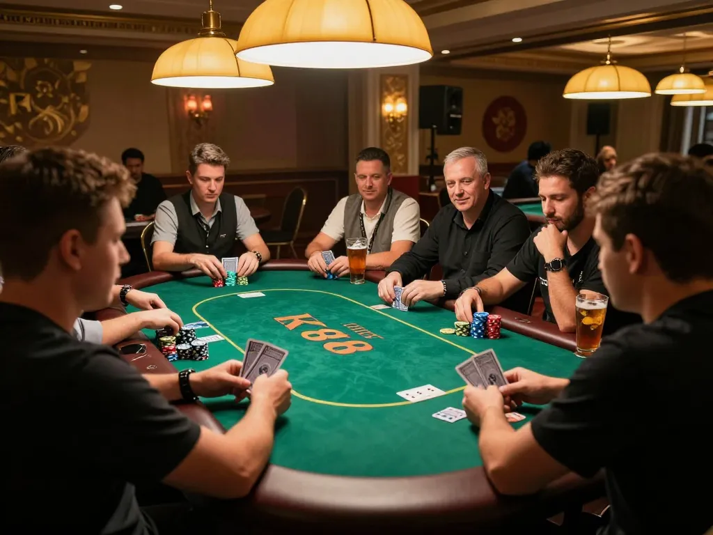 KP88 players strategizing over a busy poker table, showcasing the thrill of live casino gaming.