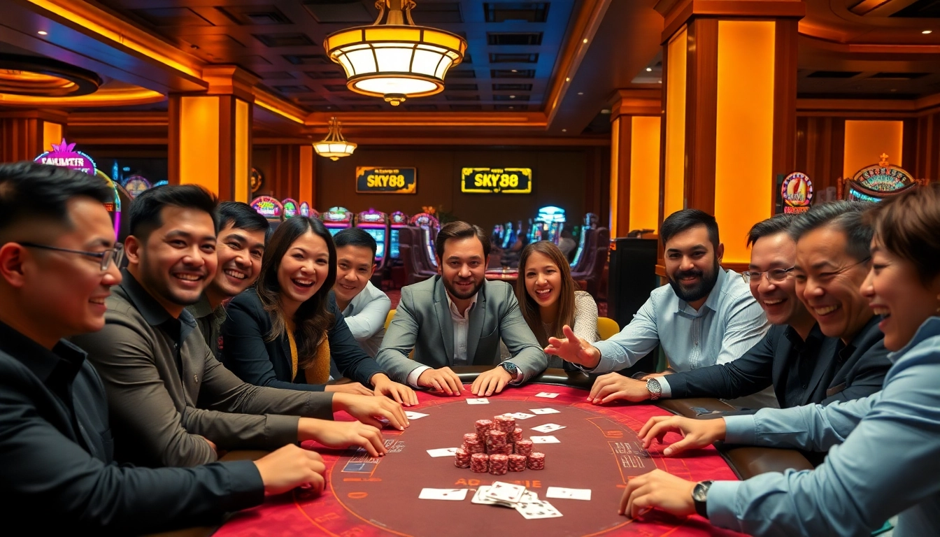 Exciting gameplay at SKY88 casino table highlighting intense player focus and vibrant casino atmosphere.