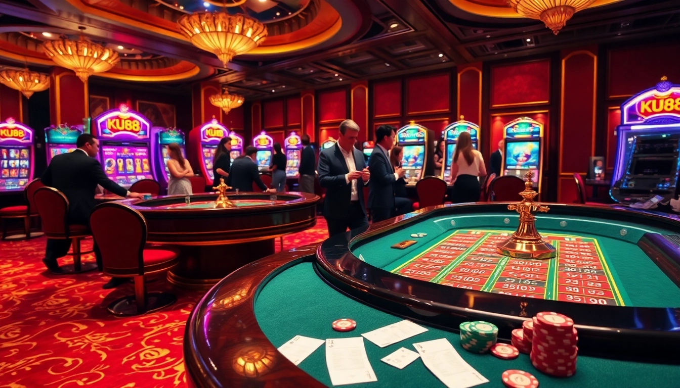 Experience the excitement at KU88 Casino with players betting at a vibrant roulette table and colorful slot machines.