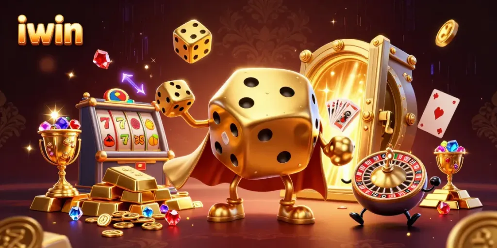 Experience epic gaming at iwin with a golden dice golem and shimmering treasures in a vibrant casino scene.