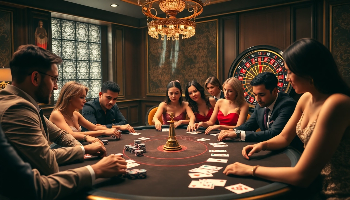 Players engaging at a luxurious poker table in a casino setting from https://tg88.fyi/, showcasing excitement and strategy.