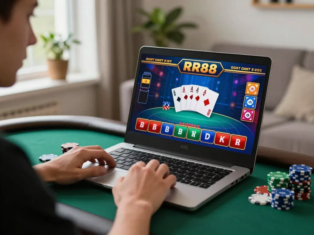 RR88 player strategizing in a cozy home, enjoying online casino games with laptop and poker chips.