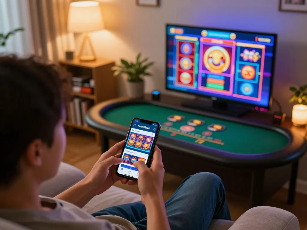 Engaging in online casino gaming with the new88blog app on a smartphone in a cozy setting