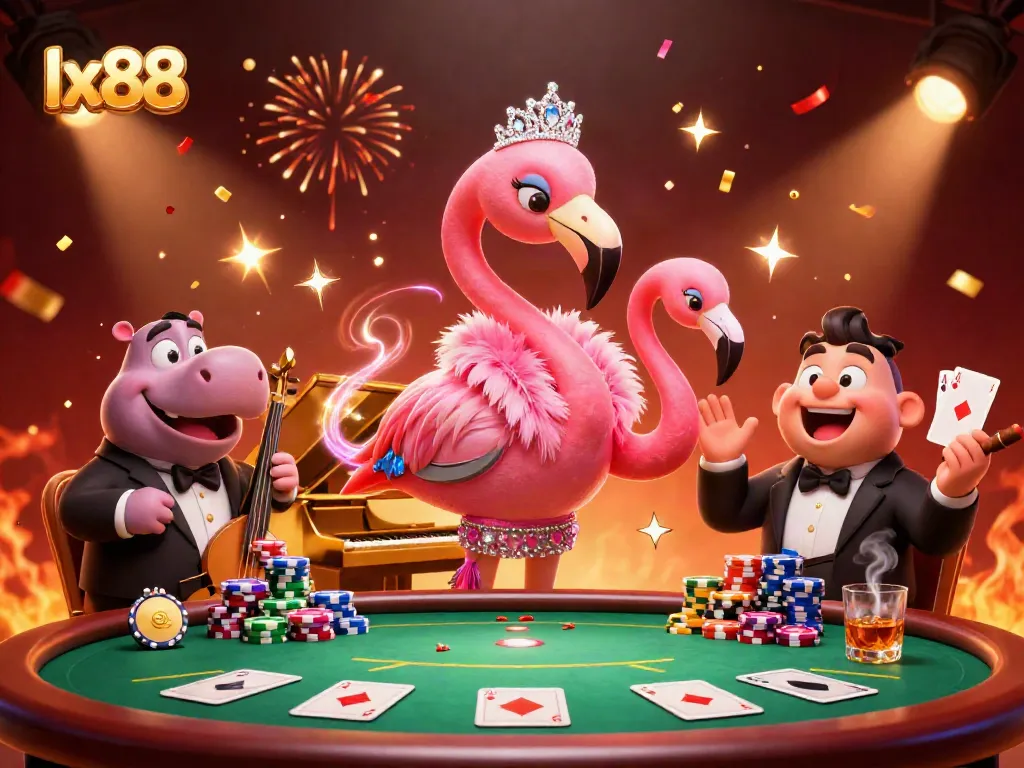 Experience vibrant entertainment at lx88 with a lively casino scene featuring a flamingo singer and hippo bassist.