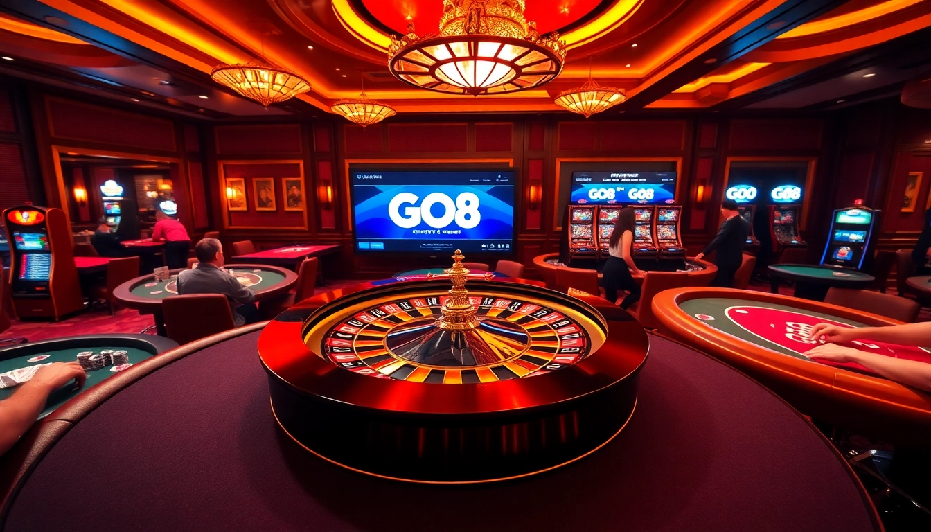 Engage with the thrilling action at https://go8.ae.org/ in a luxurious casino scene featuring roulette and poker tables.