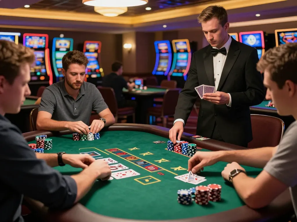 Exciting blackjack gameplay at a casino table with players engaged, chips, and cards visible showcasing sc88 strategy.