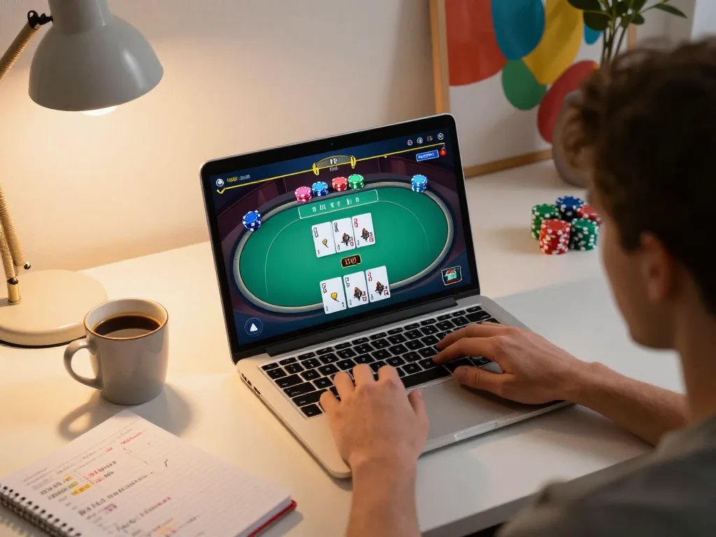 Player engaging in an online poker game at home, optimizing strategy with 678vip's gaming platform.