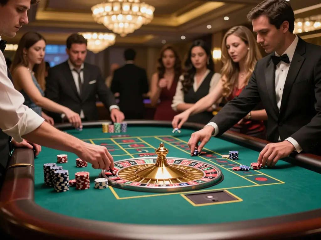 Các người chơi phấn khích đặt cược tại bàn roulette sang trọng LUCK8 trong một sòng bạc sôi động.