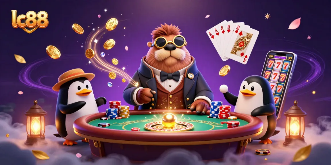 Engage in thrilling games at lc88 with a jolly walrus at an underwater poker table surrounded by dazzling casino elements.