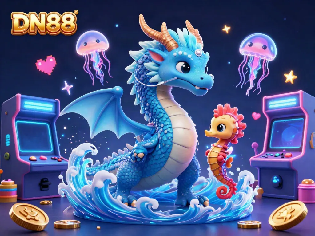 Experience the vibrant world of DN88 with an azure dragon, glowing jellyfish, and neon gaming elements.