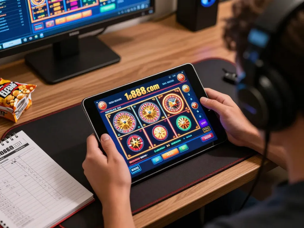 Engaging home setup with a player focused on 1u888com's online casino experience, showcasing vibrant gameplay.