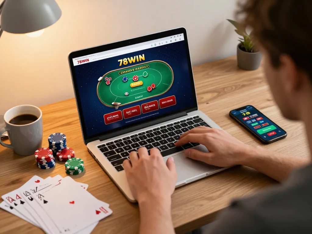 Engaging gameplay experience with 78WIN casino app on laptop, showcasing online gambling strategy.