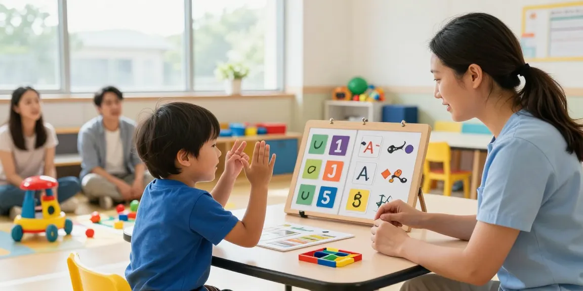 Functional communication training Burlington session in an autism therapy center with child and therapist.
