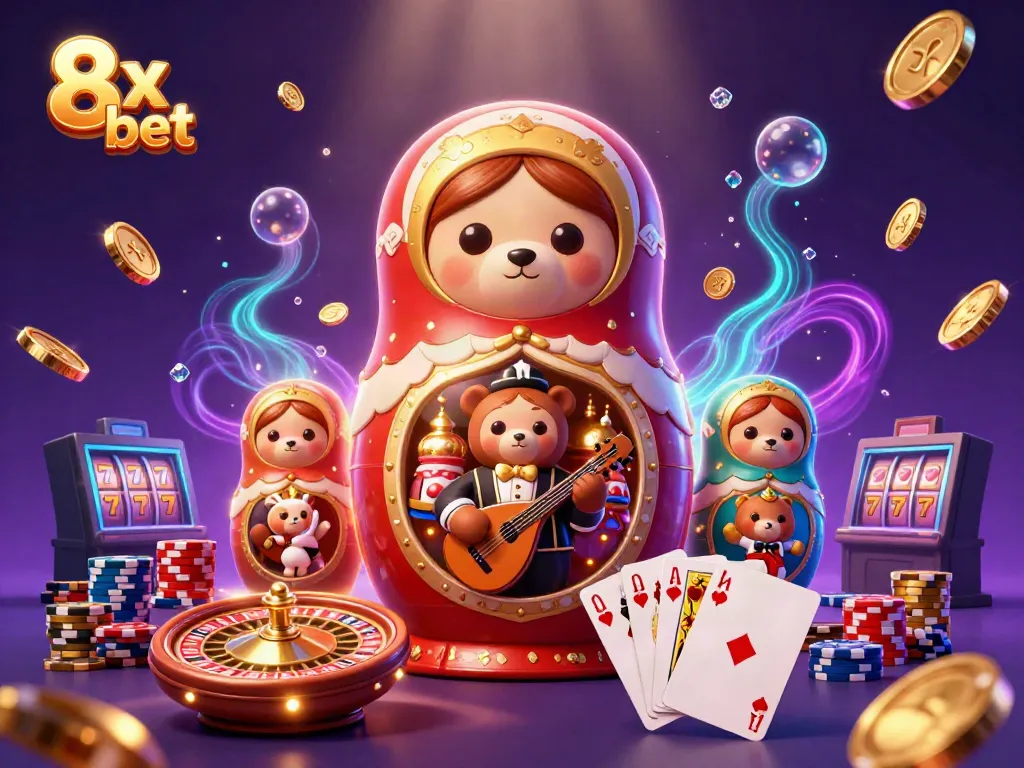 Experience exciting wins with 8x bet in this vibrant casino scene filled with animated characters and gaming elements.