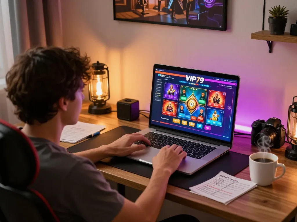Engaging gameplay of vip79 on a laptop during cozy home setup, showing casino interface and strategy notes