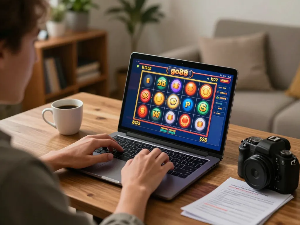 Player engaging with go88 online slots, vibrant gaming display captures the excitement of betting at home