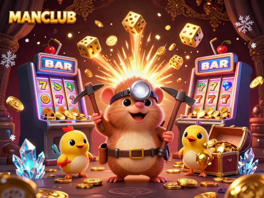 Engage with MANCLUB's vibrant casino adventure featuring a mole and his canary companion amidst dynamic gambling elements.