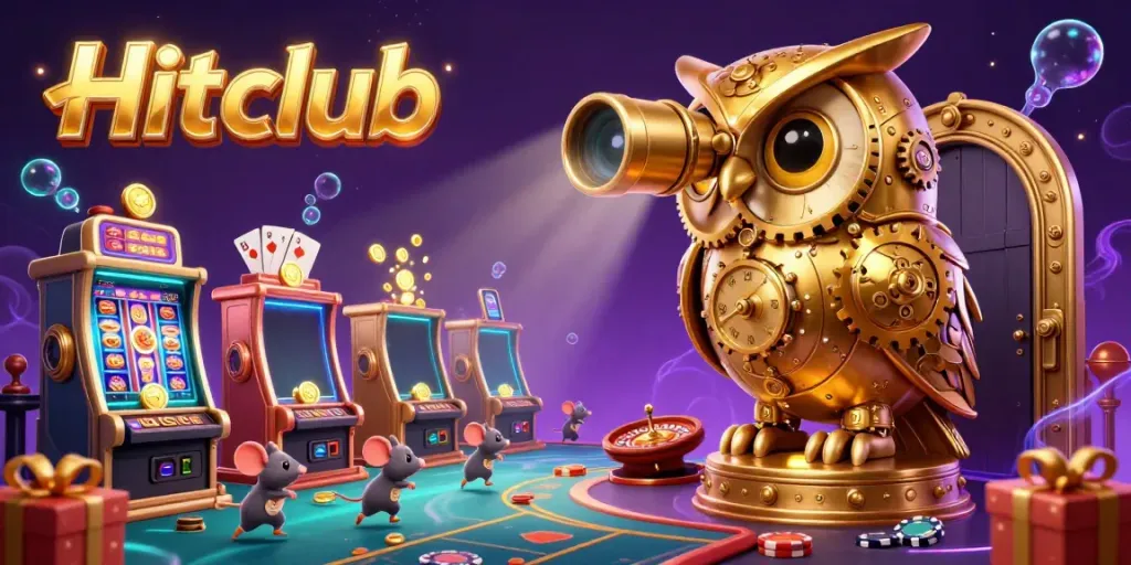Experience Hitclub's thrilling casino with a golden owl overseeing vibrant slot games and playful patrons.