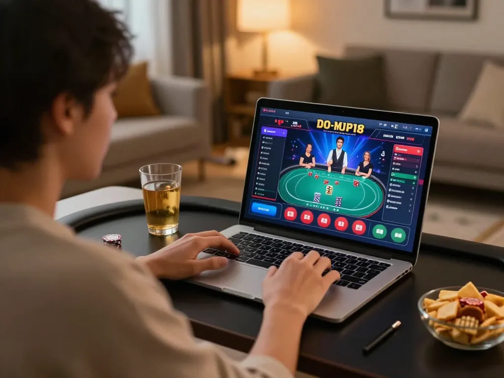 Co88 player engaged in an online poker game at home, showcasing strategy and comfort