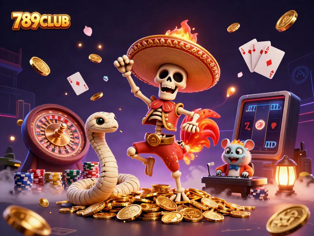 Experience the excitement of 789CLUB with vibrant casino characters and rich gaming elements in a dynamic 3D scene.
