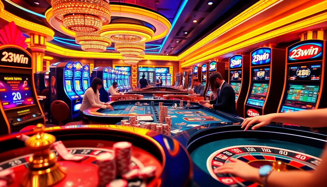 Players enjoying poker and roulette in a luxurious casino atmosphere featuring 23win branding.