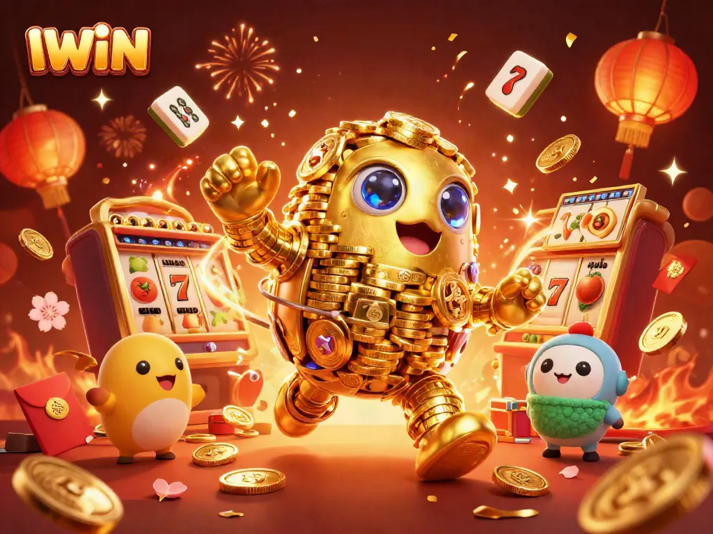 Experience winning thrills with IWIN's vibrant slot machine adventure featuring golden treasures and festive decor.