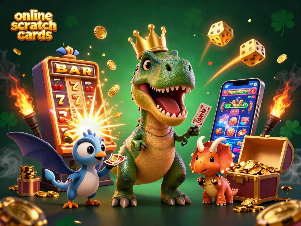 Engaging scene of online scratch cards with a T-Rex, pterodactyl, and triceratops in a casino-themed illustration.