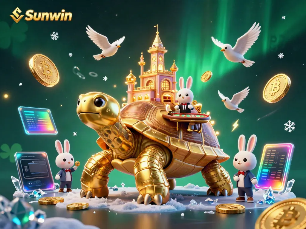 Experience the vibrant excitement of Sunwin with a 3D illustration of a golden tortoise casino and flying coins.